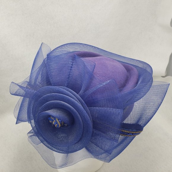 Vintage 80s Church Hat Oversize Bow Wool Felt Formal Tulle Blue Gold Sequins USA - Picture 4 of 14